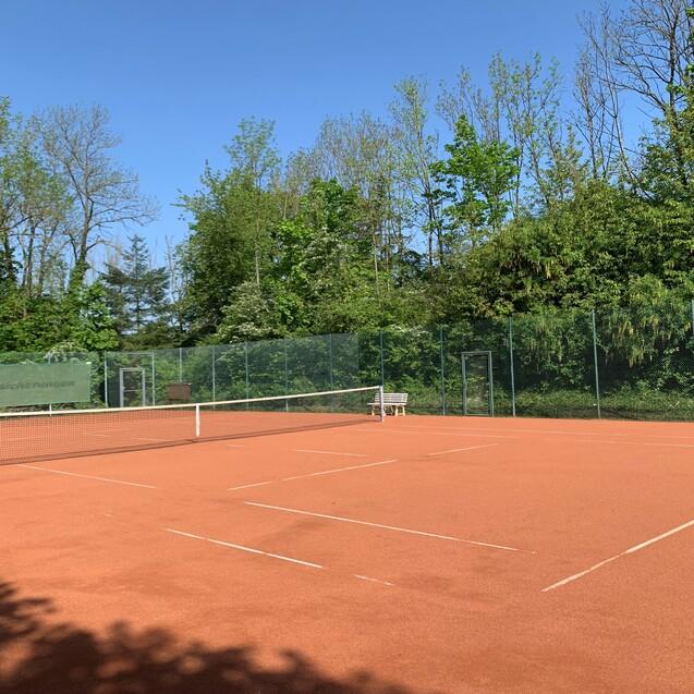 Tennisplatz aus rotem Sand, umgeben von B&auml;umen und einem klaren blauen Himmel. Sicht auf das Netz und eine Bank.
