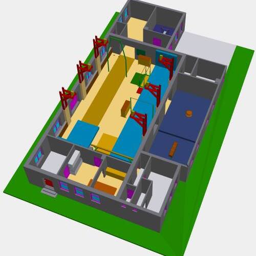 3D-Ansicht eines Geb&auml;udes mit mehreren R&auml;umen und einer zentralen Halle f&uuml;r Aktivit&auml;ten, umgeben von W&auml;nden und Fenstern.