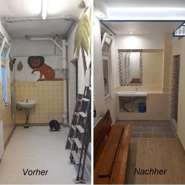 Vorher-Nachher-Vergleich eines Flurs: links unrenoviert mit Wandmalerei und Waschbecken, rechts modernisiert mit Holzbank und Spiegel.