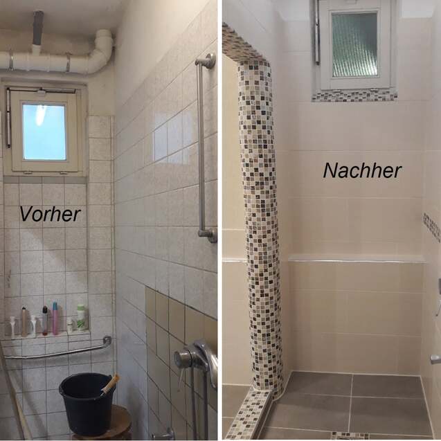 Vergleichsbild einer renovierten Dusche: Links der alte Zustand mit Fliesen, rechts die neue, modernisierte Duschkabine.