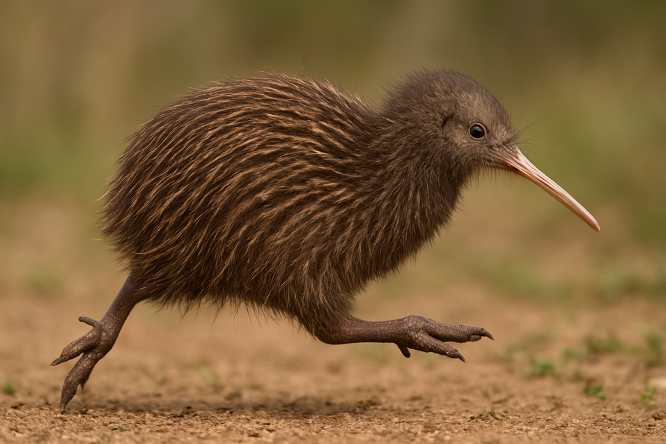 Ein Kiwi-Vogel rennt &uuml;ber einen erdigen Boden mit gr&uuml;nem Hintergrund.