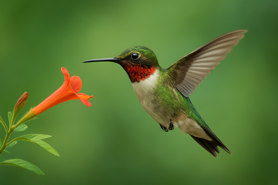 Kolibri schwebt vor einer orangefarbenen Bl&uuml;te mit gr&uuml;nem Hintergrund, gefiederte Brust leuchtet im Sonnenlicht.