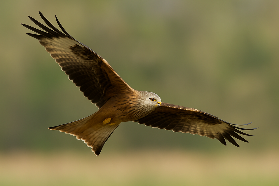 Rotmilan gleitet mit ausgebreiteten Fl&uuml;geln &uuml;ber eine unscharfe, gr&uuml;ne Landschaft.