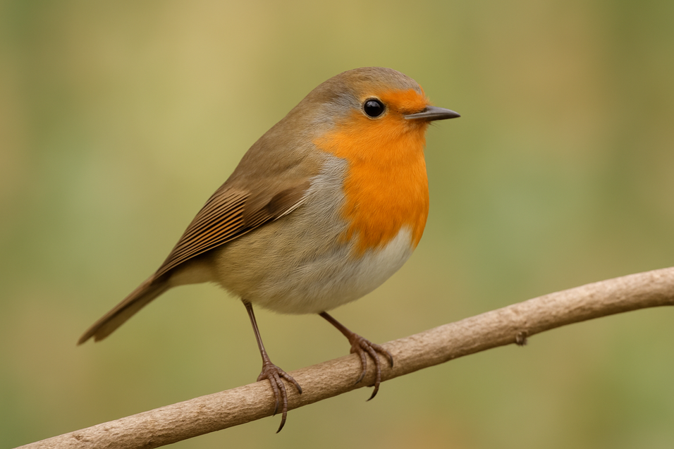 Rotkehlchen auf einem Ast sitzend, mit orangefarbener Brust und graubraunem Gefieder vor unscharfem Hintergrund.