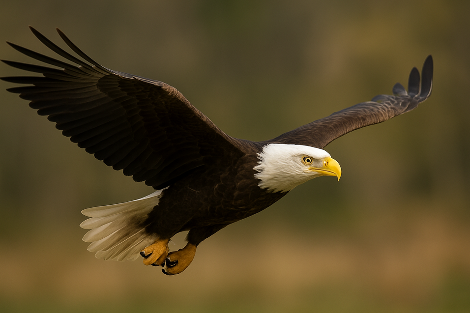 Wei&szlig;kopfseeadler im Flug mit ausgebreiteten Fl&uuml;geln, gegen verschwommenen Hintergrund.