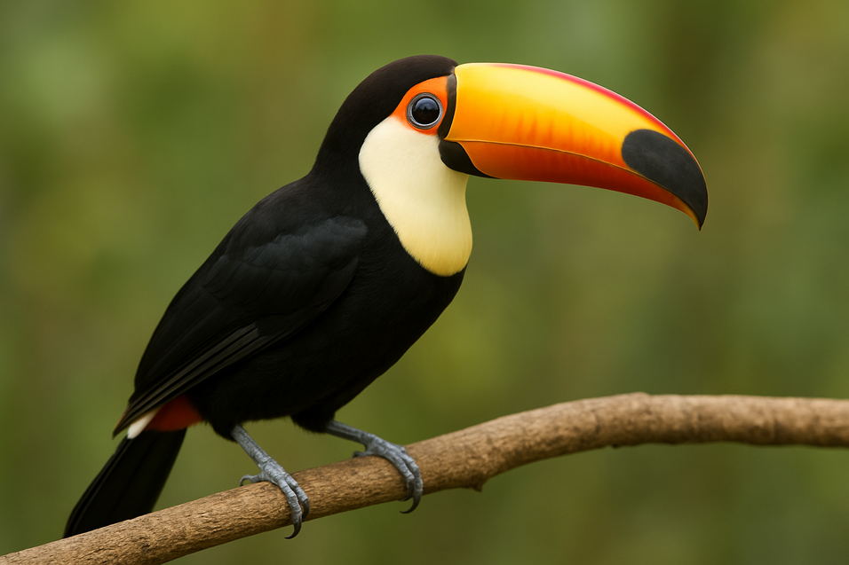 Nahaufnahme eines Tukan mit buntem Schnabel auf einem Ast vor unscharfem gr&uuml;nem Hintergrund.