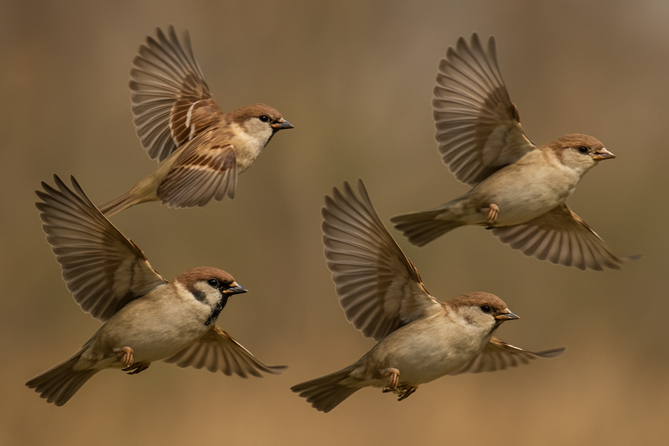 Vier Haussperlinge fliegen in verschiedenen Posen vor einem unscharfen Hintergrund.