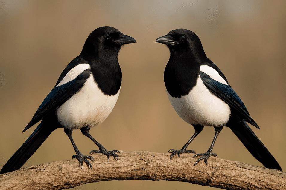 Zwei Eichelh&auml;her sitzen auf einem Ast, Blick nach vorne, mit schwarzem Kopf und wei&szlig;en Bauchfedern.