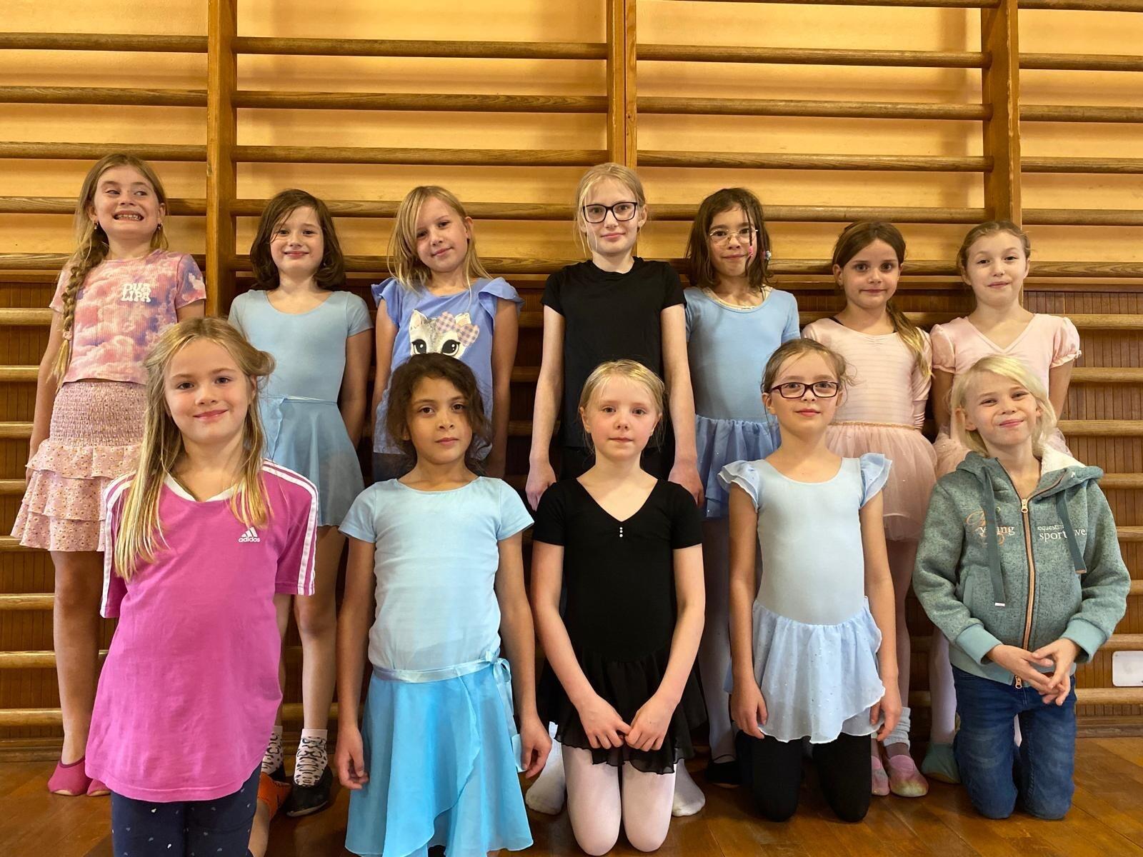 Gruppe von zw&ouml;lf M&auml;dchen in Sportkleidung, aufgereiht vor einer Holzwand in einem Sportraum.