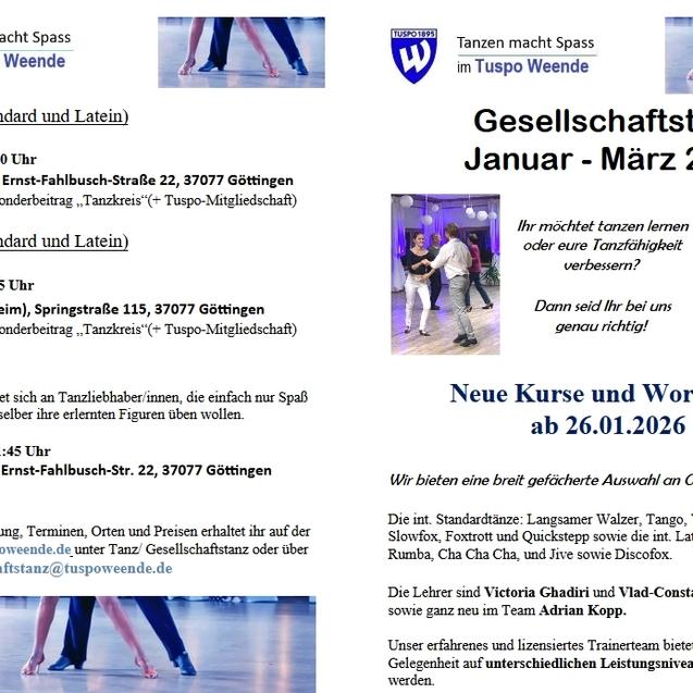 Flyer für Gesellschaftstanz-Kurse mit Terminen, Kosten und Programmübersicht von Januar bis März 2026.