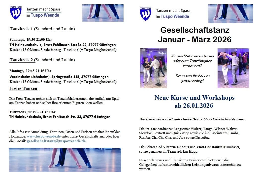 Flyer für Gesellschaftstanz-Kurse mit Terminen, Kosten und Programmübersicht von Januar bis März 2026.
