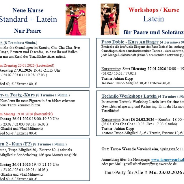 Informationsblatt &uuml;ber neue Tanzkurse in Standard und Latin, einschlie&szlig;lich Termin- und Preisinformationen.