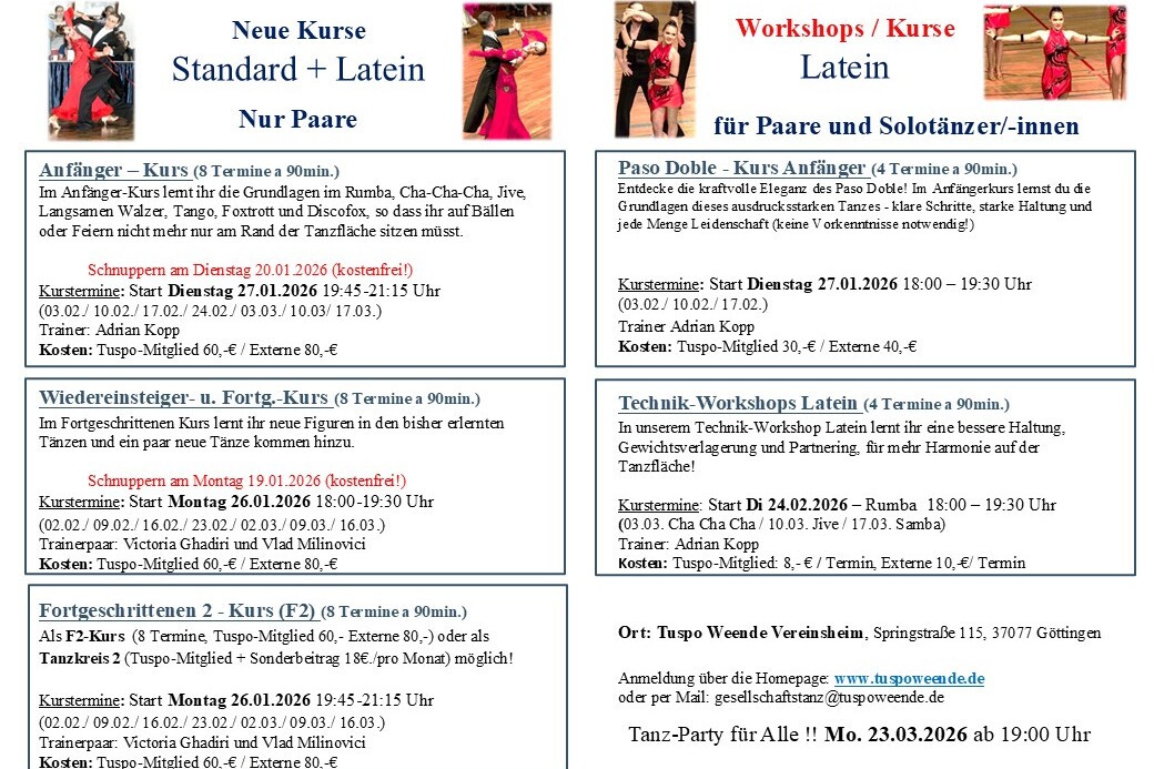Informationsblatt &uuml;ber neue Tanzkurse in Standard und Latin, einschlie&szlig;lich Termin- und Preisinformationen.