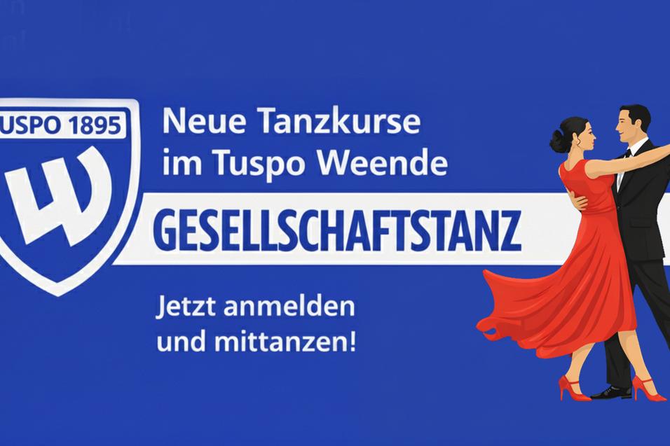 Anzeige für Tanzkurse mit dem Text „Gesellschaftstanz“ und einem tanzenden Paar auf blauem Hintergrund.