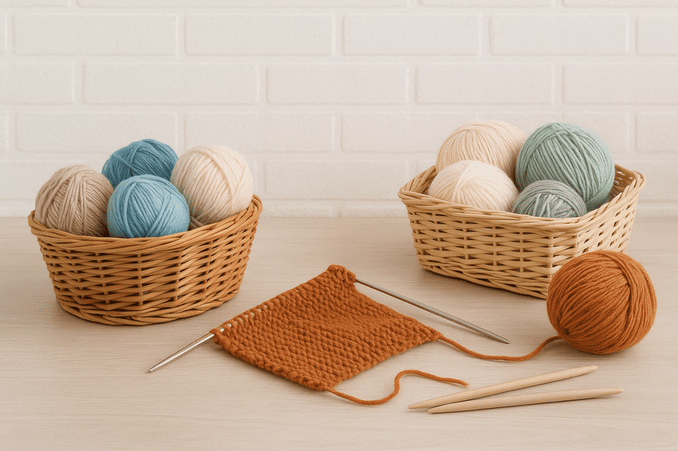 Zwei Korb mit Garnknäueln neben einem Gestrick mit Stricknadeln auf einem hellen Tisch.