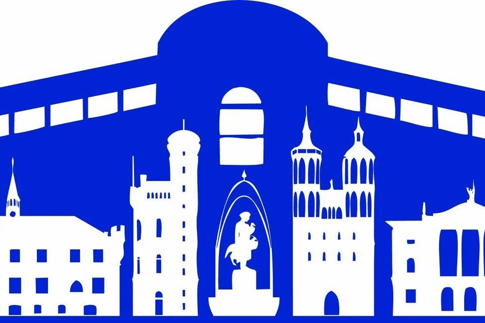 Silhouette einer Stadtlandschaft in Blau mit verschiedenen Geb&auml;uden und T&uuml;rmen unter einem gew&ouml;lbten Dach.