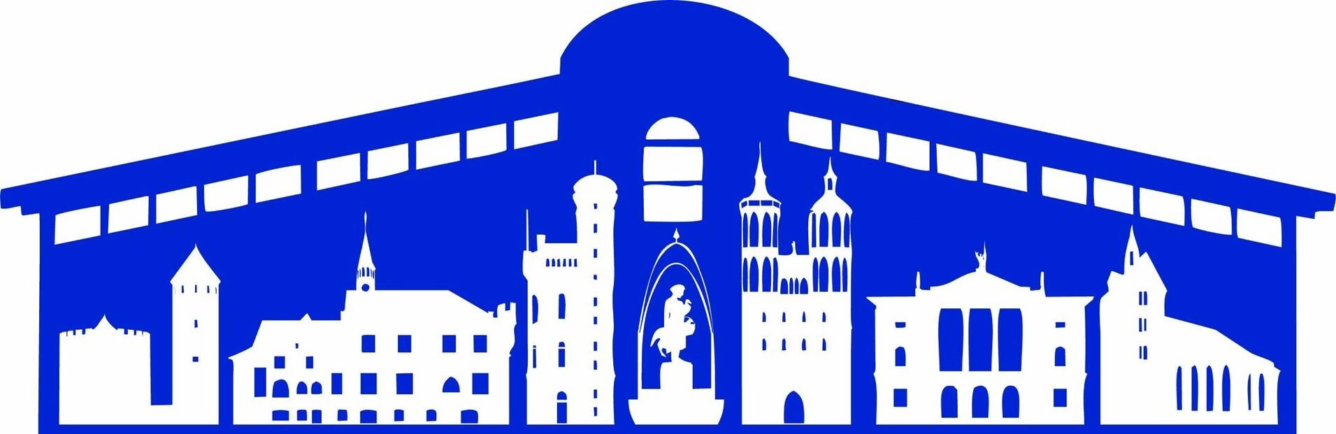 Silhouette einer Stadtlandschaft in Blau mit verschiedenen Gebäuden und Türmen unter einem gewölbten Dach.