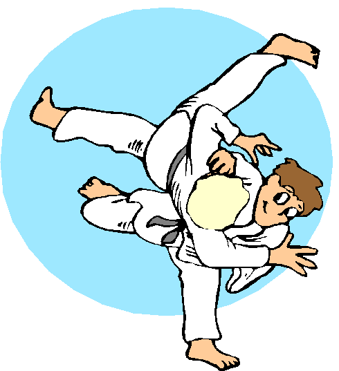 Zwei K&auml;mpfer in wei&szlig;en Gi-Kleidung f&uuml;hren einen Wurf im Judo aus, umgeben von einem blauen Hintergrund.