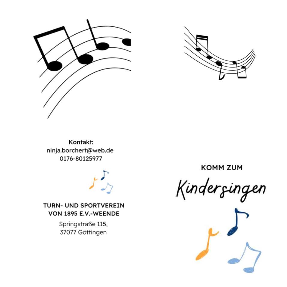 Faltblatt des Turn- und Sportvereins mit Notenmotiven und Informationen zum Kindersingen in Göttingen.