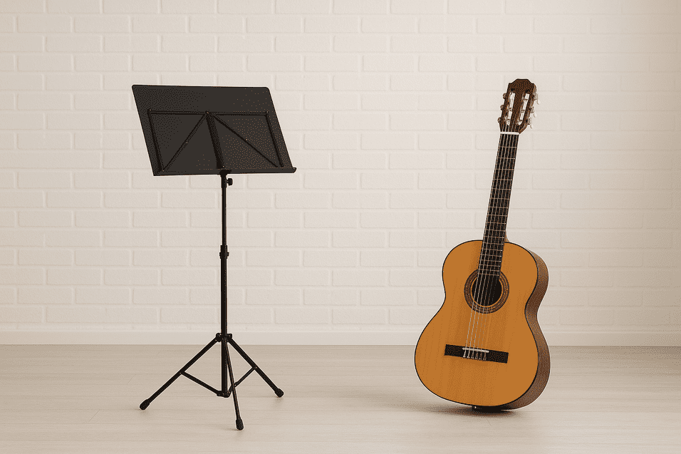 Stehende Gitarre neben einem Notenständer vor einer weißen Ziegelwand in einem hellen Raum.