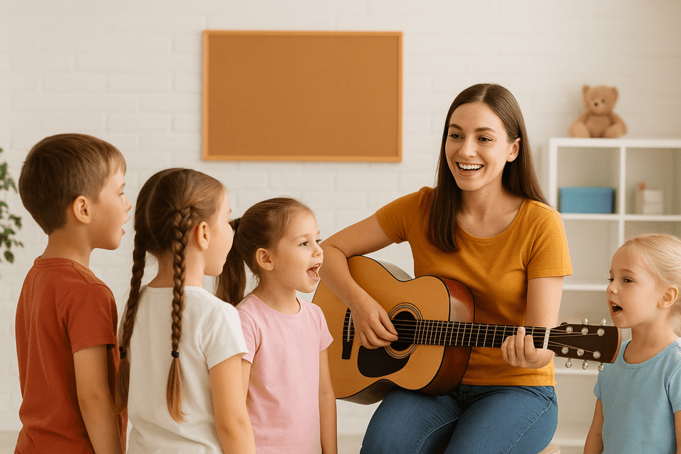 Frau spielt Gitarre und singt mit vier Kindern in einem hellen Raum.