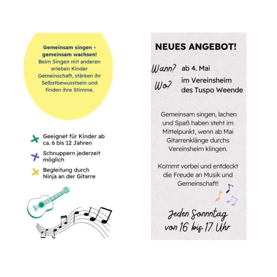 Flyer für ein Musikangebot: Informationen zu Gesangsgruppen für Kinder ab 5 Jahren im Verein des Tuspo Weende.