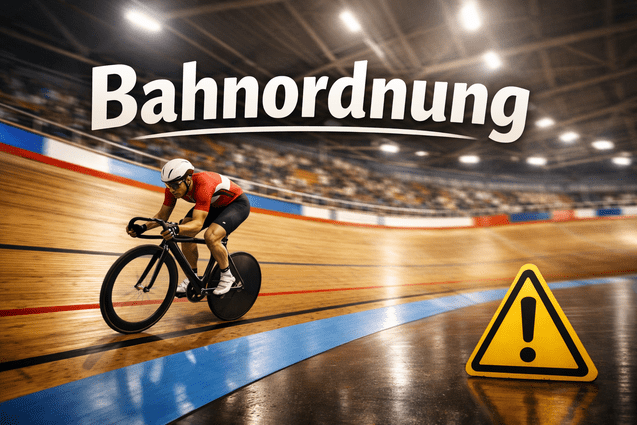 Radrennfahrer auf einer Holzbahn mit Hinweiszeichen zur Bahnlage und dem Schriftzug &bdquo;Bahnanordnung&ldquo;.