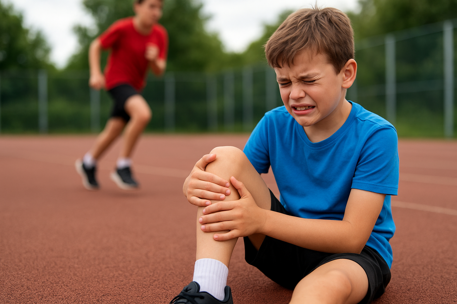 Ein Junge im blauen T-Shirt sitzt auf der Laufbahn und h&auml;lt sich schmerzhaft das Knie, w&auml;hrend ein anderer Junge sprintet.