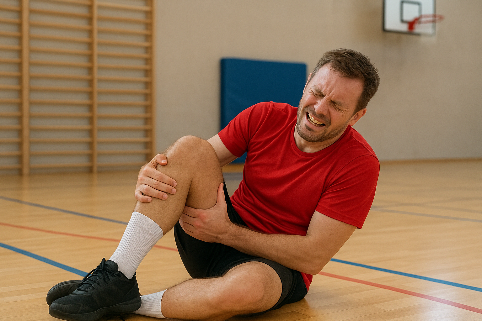 Mann im roten Shirt sitzt auf dem Boden und h&auml;lt sich schmerzerf&uuml;llt das Knie in einer Sporthalle.
