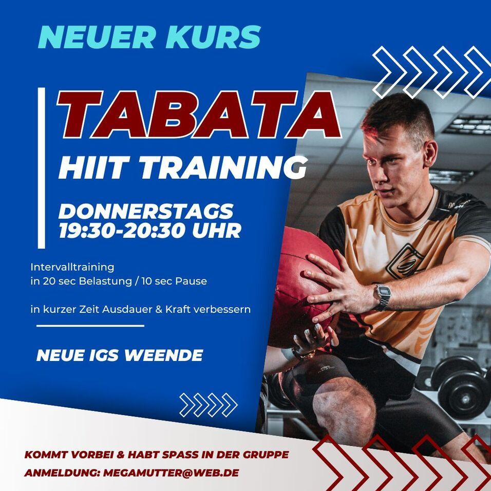 Plakat für einen neuen Tabata HIIT-Kurs mit Trainingsinfos und Kontaktadresse. Teilnehmer bei Trainingseinheit abgebildet.
