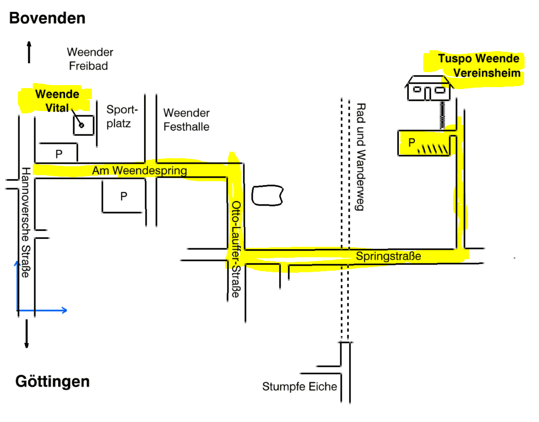 Kartenansicht von Weende mit markierten Straßen, Parkplätzen und wichtigen Gebäuden wie dem Vereinsheim.
