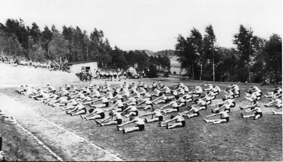 Gruppentraining auf einem Sportplatz, 50 Personen liegen in Bauchlage auf einer Wiese und führen Übungen aus.