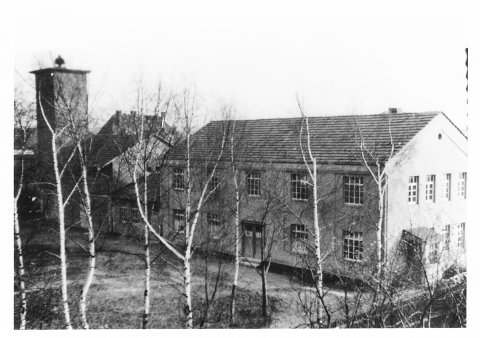 Schwarz-Weiß-Foto eines ehemaligen Gebäudekomplexes mit Laubbäumen im Vordergrund und einem Schornstein auf der linken Seite.