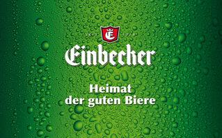 Gr&uuml;ne Hintergrundgrafik mit Wassertropfen und dem Schriftzug &bdquo;Einbecker &ndash; Heimat der guten Biere&ldquo; in Wei&szlig;.