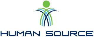 Logo von "Human Source" mit stilisierter Figur und gr&uuml;n-blauen Linien, darunter der Schriftzug in blauer Schrift.