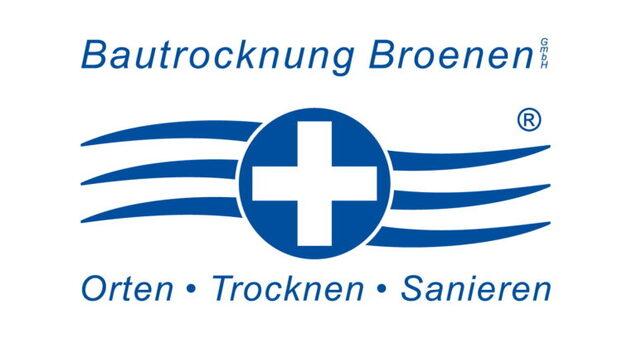 Logo der Bautrocknung Broenen GmbH mit Pluszeichen und den Worten &bdquo;Orten &bull; Trocknen &bull; Sanieren&ldquo; in Blau.