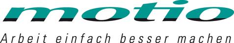 Logo der Marke "motio" mit dem Slogan „Arbeit einfach besser machen“ in grün und schwarz auf weißem Hintergrund.
