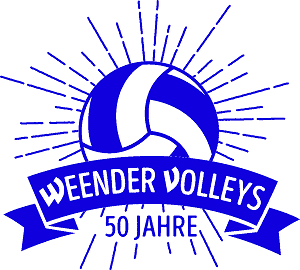 Logo der Weender Volleys zum 50-j&auml;hrigen Jubil&auml;um mit einem Volleyball und strahlendem Hintergrund in Blau und Wei&szlig;.