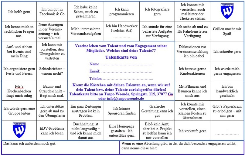 Talentkarte mit verschiedenen Interessen und F&auml;higkeiten, die Mitglieder f&uuml;r Engagement in einem Verein angeben k&ouml;nnen.