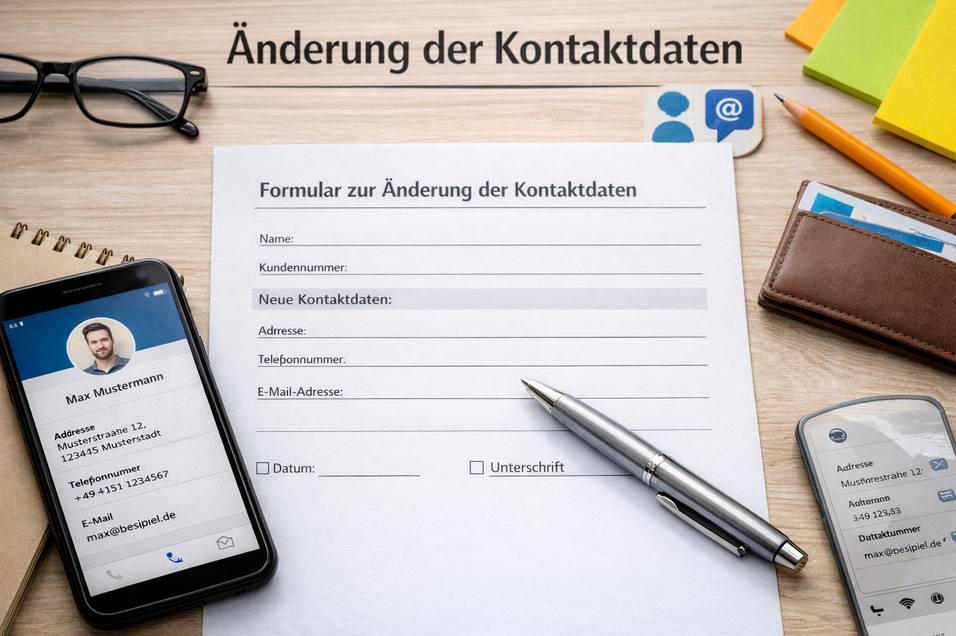 Formular zur &Auml;nderung der Kontaktdaten auf einem Tisch mit einem Smartphone, Stift und bunten Notizbl&ouml;cken.