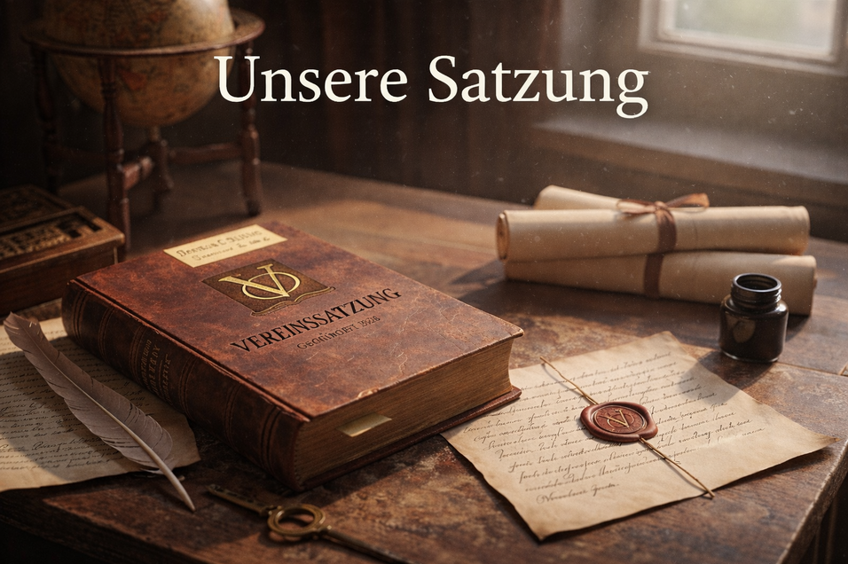 Auf einem Tisch liegen eine alte Buchausgabe mit dem Titel &bdquo;Vereinsatzung&ldquo;, Schriftrollen und eine Feder.