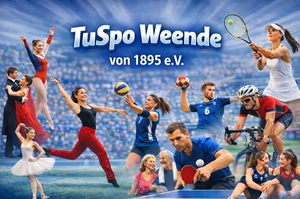 Collage von Sportarten mit T&auml;nzern, Volleyballern, Handballern und Radfahrern; dar&uuml;ber der Text: "TuSpo Weende von 1895 e.V."