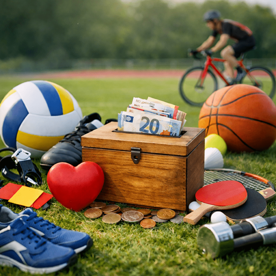 Sportgeräte und eine Holzbox mit Geldscheinen stehen auf einem Rasen, während ein Radfahrer vorbeifährt.