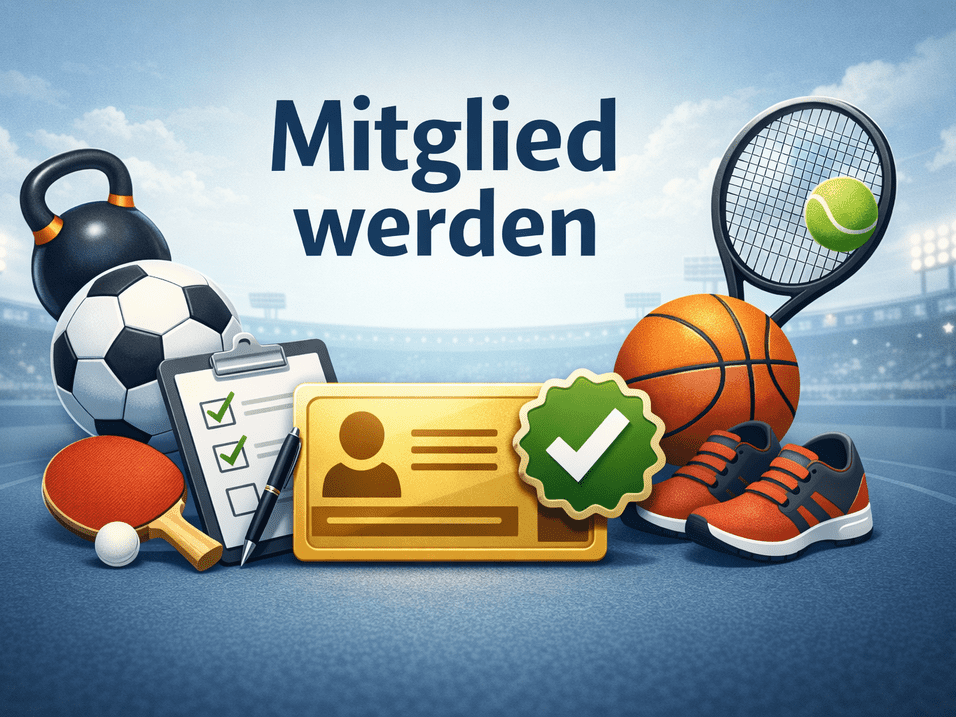 Grafik mit Sportutensilien: Fu&szlig;ball, Tischtennisschl&auml;ger, Basketball, Tennisball und Mitgliedskarte mit H&auml;kchen.