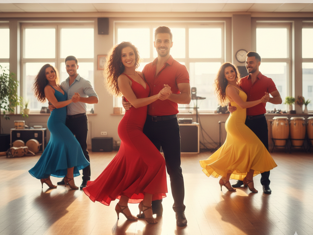 Sechs T&auml;nzer in bunten Outfits pr&auml;sentieren Salsa-Tanz in einem hellen Tanzstudio.