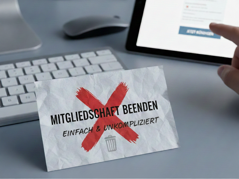 Karte mit der Aufschrift "Mitgliedschaft beenden" auf Schreibtisch neben einem Computer und Tablet.