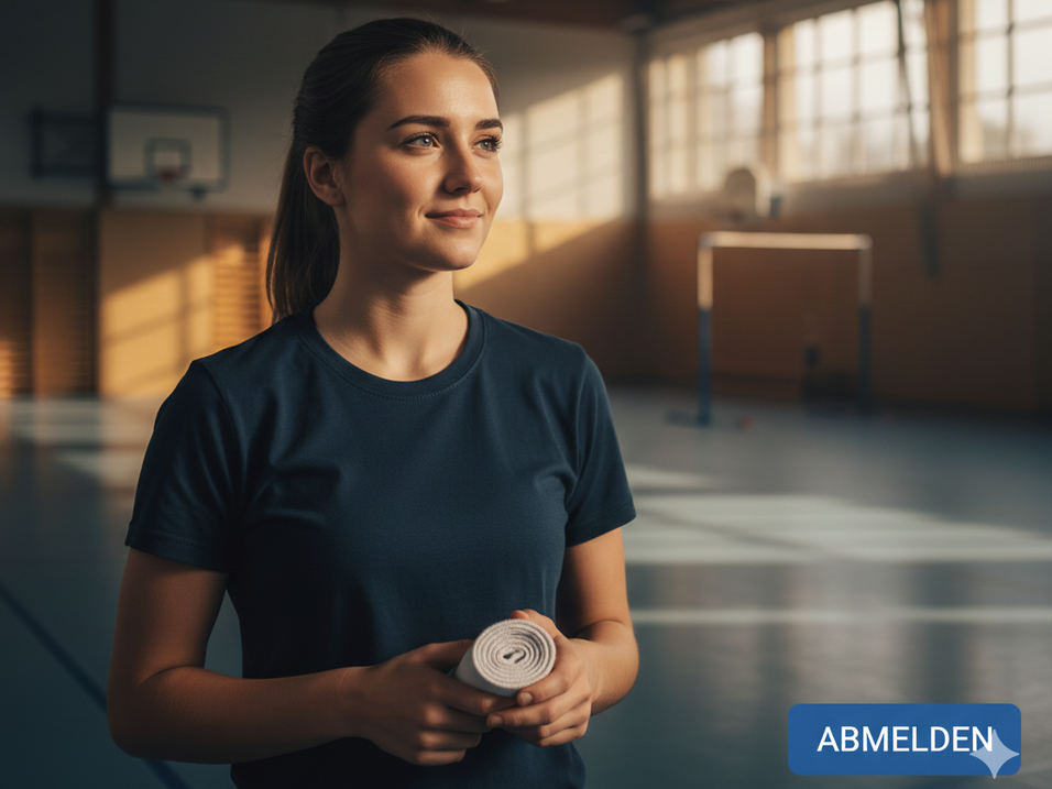 Junge Frau in Sportkleidung mit einem Handtuch in der Hand, steht in einer Sporthalle mit Basketballkorb im Hintergrund.