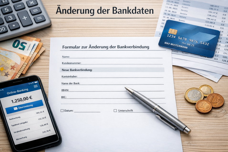 Formular zur &Auml;nderung der Bankverbindung mit Smartphone, Geldscheinen, M&uuml;nzen und Kreditkarte auf einem Tisch.