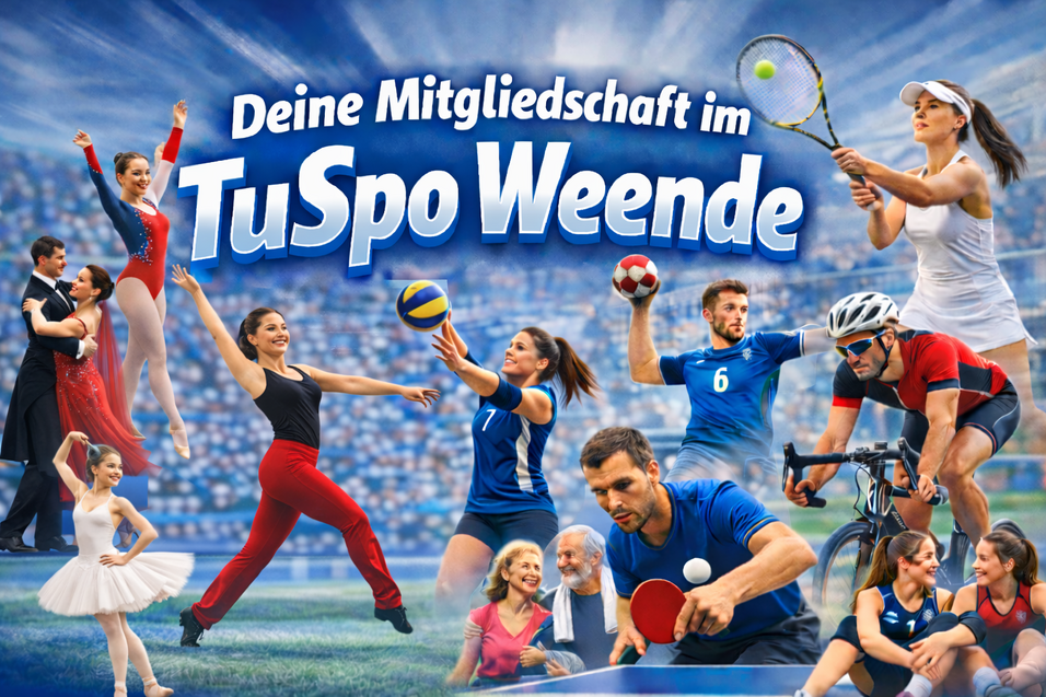 Collage sportlicher Aktivit&auml;ten mit T&auml;nzern, Gymnasten, Volleyballern, Fu&szlig;ballern und Radfahrern, mit dem Schriftzug &bdquo;TuSpo Weende&ldquo;.