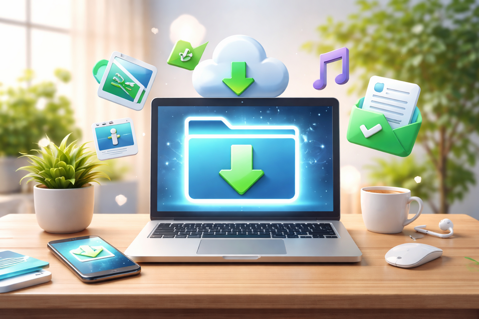 Laptop mit Download-Symbol auf dem Bildschirm, umgeben von App-Icons, Smartphone und einer Tasse in einem hellen Raum.